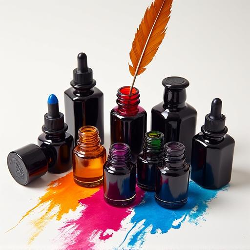 Collection of calligraphy ink bottles in various colors