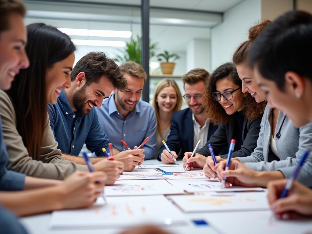 Corporate team building calligraphy session with employees learning together