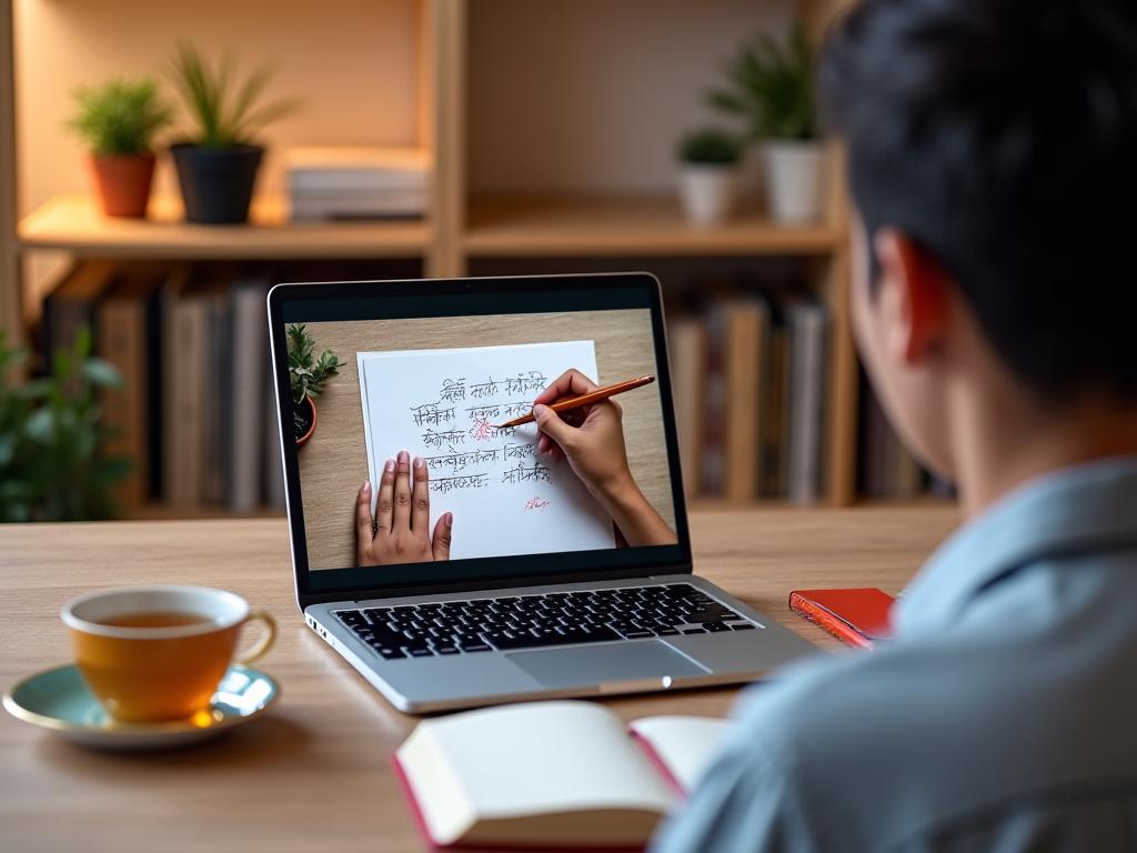 Online Hindi calligraphy tutorial session with instructor demonstrating techniques